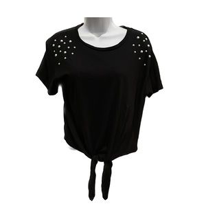 Pearl shoulder basic tie up black t shirt crop top